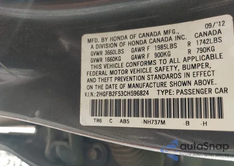 2012 Honda Civic Lx from USA, damaged, VIN 2HGFB2F53CH596824